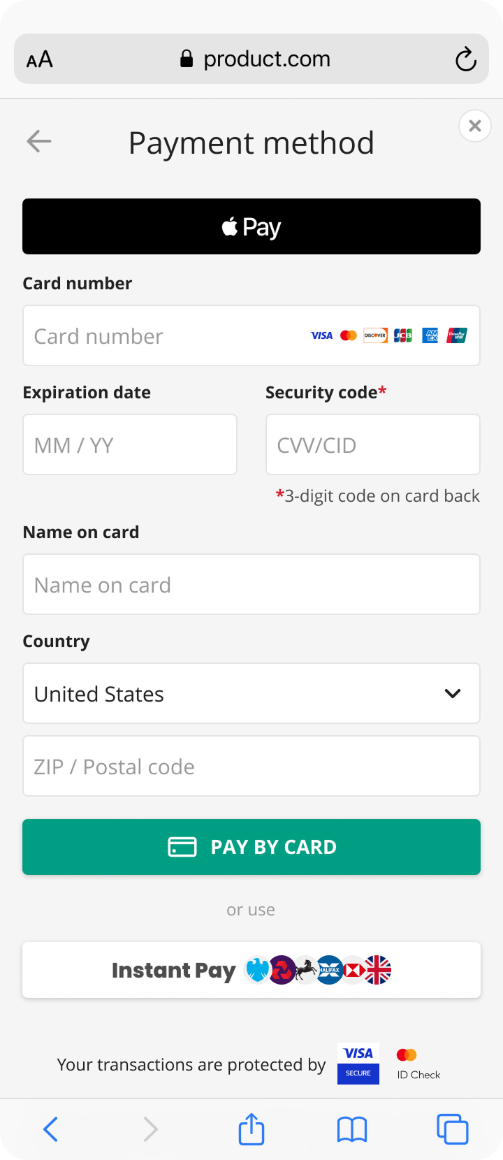 Redesigned payment form – labelled fields, card-network row and Apple Pay