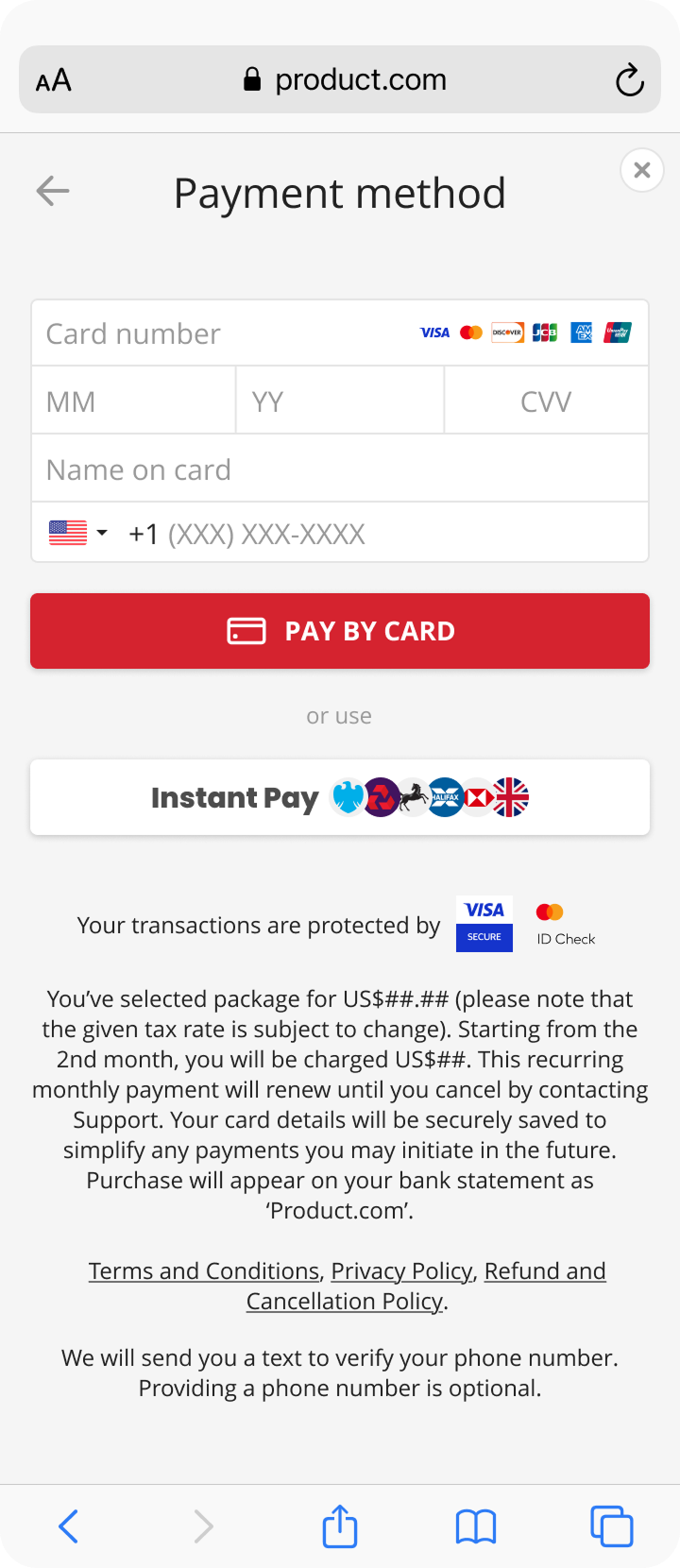 Old payment form – cramped single-row card fields