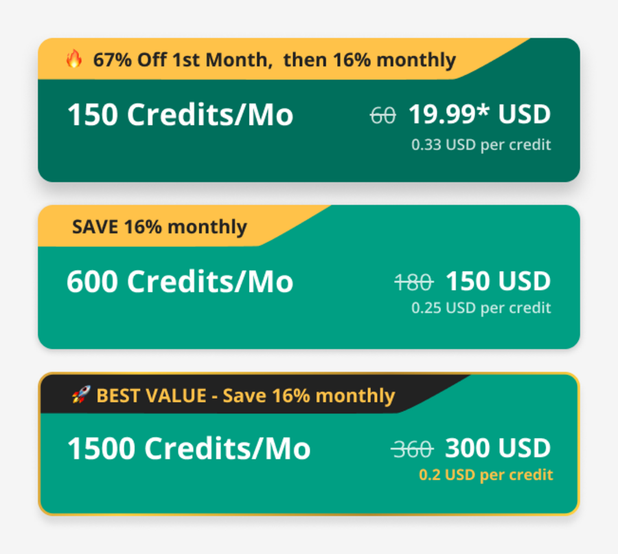 Subscription packages after – per-credit price and stronger badges